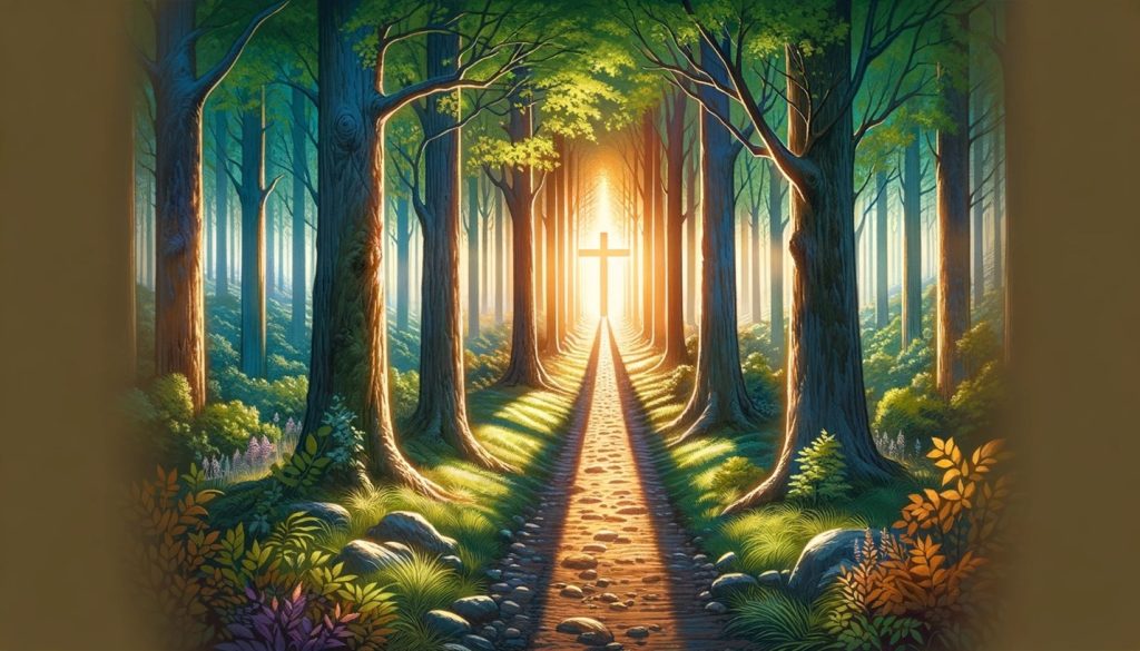 The image depicts a serene forest pathway leading to a brightly illuminated cross at the end of the path. The trees are tall with green leaves, suggesting a vibrant forest setting. The pathway is cobblestoned, bordered by lush, colorful undergrowth and foliage. The cross glows with a celestial light, creating a sense of divine presence and spiritual destination. This image evokes a metaphorical journey of faith, where the path through the natural world leads to spiritual enlightenment or a connection with the divine.