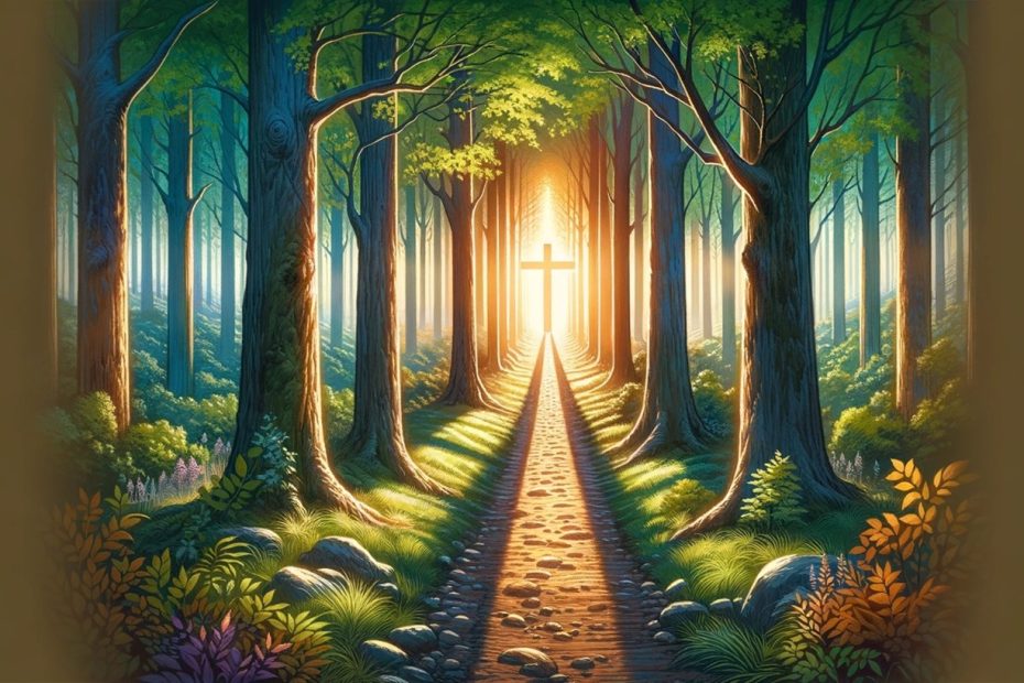 The image depicts a serene forest pathway leading to a brightly illuminated cross at the end of the path. The trees are tall with green leaves, suggesting a vibrant forest setting. The pathway is cobblestoned, bordered by lush, colorful undergrowth and foliage. The cross glows with a celestial light, creating a sense of divine presence and spiritual destination. This image evokes a metaphorical journey of faith, where the path through the natural world leads to spiritual enlightenment or a connection with the divine.